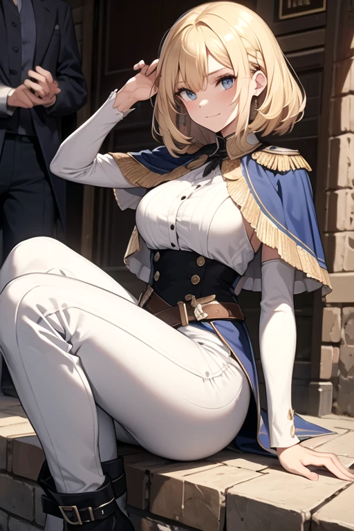 masterpiece, Highest quality, Absurd, High resolution, Very detailed, One Girl, army_uniform, uniform, Sitting, have, Epaulettes ,army, white_pants, Blue_Jacket,shako have,Napoleon, Infantry Regiment,青 coat, 青 and white hackle, 青 and white plume, Blonde Bob Cut, 青 eyes, Conceit, Apply blush all over the face, Large Breasts, slightly larger hips, Tight waist, In the room,Pussy,Seduce,pussy,濡れたPussy、show、Love juice,Vaginal Hole ,Big Breasts,Excited,Pussy,Pussy