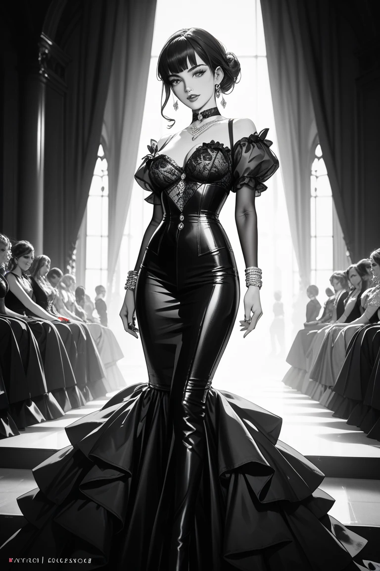(best quality, 4k, 8k, highres, masterpiece:1.2), ultra-detailed, (realistic,photorealistic,photo-realistic:1.37), gorgeous light skin black woman, seductive gaze, elegant posture, gothic background, sensual beauty, glamorous fashion, black gothic gown, pantyhose, dark colors, moody lighting, full body pose