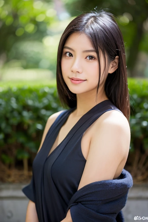 (highest quality,masterpiece:1.3,ultra high resolution),(Super detailed,caustics),(realistic:1.4,RAW shooting),1 girl,flat bangs、look at the camera with a smile、Blurred background、(colorful、flower garden), Vibrant color saturation