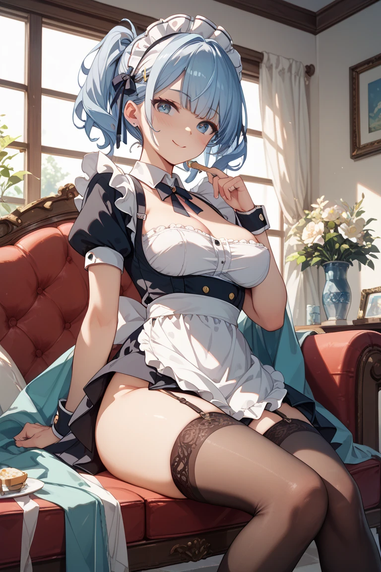 Rem from ReZero, Blue-haired girl, Hair covers the left eye, Maid suit, White pantyhose, Huge bare breasts, Thin legs, ahegao, Soft eyes, short, Two-dimensional hair, Tea in hand