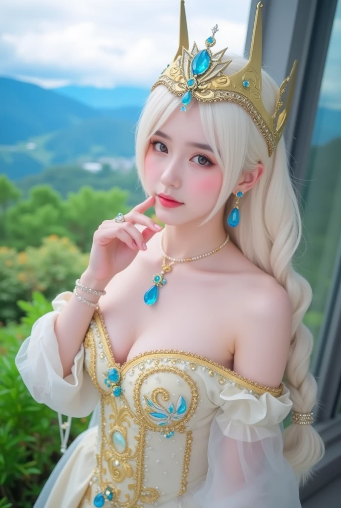 (intense chest expression）,top-quality、​masterpiece、超A high resolution、（Gold Dragon Armor）、(((Colossal tits))),dragon armor、(((large floral ornament on the head))),(((Detailed Micro Bikini))),(Wearing a beautiful crown made of jewels),(Photorealsitic:1.4)、Raw photo、女の子1人、(((Random hair))、(((Take different poses)))、glowy skin、(((White Chinese Dragon)))、Intricate and ornate hair ornaments、（Looks like a gorgeous jewelry necklace）、（Full Body Angle）、（fight big dragonet bikini）、((beautiful lake background)),(beautiful forest background)、Precipitous cliffs、(Castle background)、((super realistic details))、portlate、globalillumination、（sexypose）、Shadow、octan render、8K、ultrasharp、Colossal tits、Raw skin exposed in the cleavage、metals、Details of complex ornaments、Japan details、highly intricate detail、Blue eyes、Eyes shining towards the camera、Toostock、（Full Body Angle）、（veils）、(((Heavy Big))),((she is wearing a beautiful jeweled bangle.)),