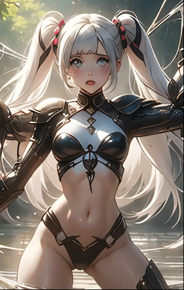 (((SFW、Highest quality、 first class masterpiece 、 Normal Body 、32k、 detailed face 、super precise、 normal hand、5refer to、Highest)))、Miles、mile、Adele von Ascham、Beautiful Girl、 Silver Hair、twin tail、Glowing Hair、beautiful breasts、slender、 slim、Petite、 can be used、Navel Exposure High Leg Costume、large amount of thick thread、Get caught in a spider web、Swallow、spread your hands spider web bondage、spread both legs and spider-string bondage、Frightened、fear、blushing and watery eyes、Puzzled、Giant creeping spider