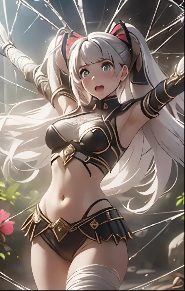 (((SFW、Highest quality、 first class masterpiece 、 Normal Body 、32k、 detailed face 、super precise、 normal hand、5refer to、Highest)))、Miles、mile、Adele von Ascham、Beautiful Girl、 Silver Hair、twin tail、Glowing Hair、beautiful breasts、slender、 slim、Petite、 can be used、Tattered Navel Exposure High Leg Costume、large amount of thick thread、Get caught in a spider web、Swallow、spread your hands spider web bondage、spread both legs and spider-string bondage、Frightened、fear、blushing and watery eyes、Puzzled、Giant creeping spider