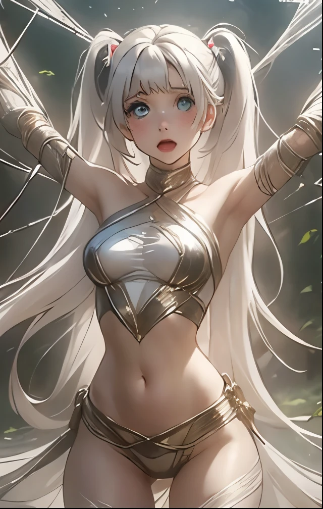 (((SFW、Highest quality、 first class masterpiece 、 Normal Body 、32k、 detailed face 、super precise、 normal hand、5refer to、Highest)))、Miles、mile、Adele von Ascham、Beautiful Girl、 Silver Hair、twin tail、Glowing Hair、beautiful breasts、slender、 slim、Petite、 can be used、Tattered Navel Exposure High Leg Costume、large amount of thick thread、Get caught in a spider web、Swallow、spread your hands spider web bondage、spread both legs and spider-string bondage、Frightened、fear、blushing and watery eyes、Puzzled、Giant creeping spider