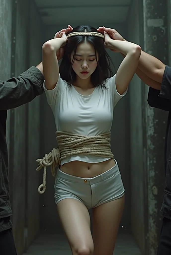 (masterpiece)), ((Highest quality)), (Very detailed), Browsing Caution, ((Inorganic studio)),(((A rope tied tightly around the waist))),Cute Japanese Women, One woman, alone, (Completely naked),(Tie your wrists above your head ), (Both wrists are hanging from the ceiling),((thinウエスト)),Flat chest, slim, thin, BDSM,Beautiful straight black hair, Beautiful dark brown eyes, (Beautiful Eyes), Long Hair,Troubled expression、Professional Lighting、Bright lighting、45-year-old housewife