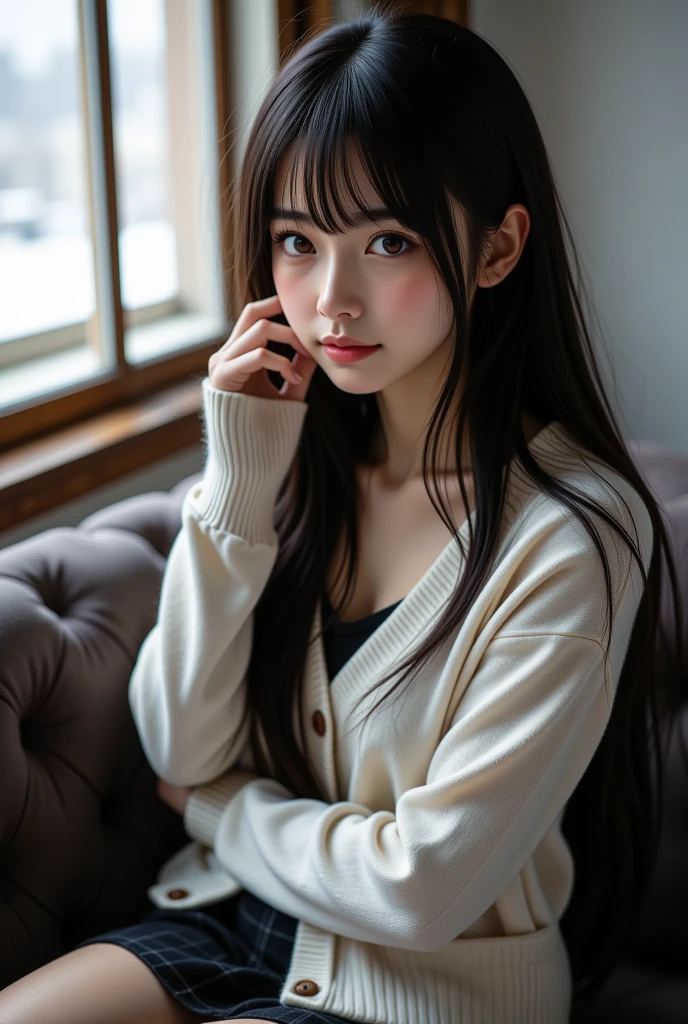table top, highest quality, Photoreal, finely, High resolution, 8K painting wall, perfect dynamic composition, beautiful and fine eyes, An 8-sized adult woman wearing a thin knitwear., realistic face and body, realistic hair, realistic eyes, realistic nose, realistic lips, fascinating, straight bangs,perfect hands, finger details,beautiful feet,skirt,beaver, look at the audience