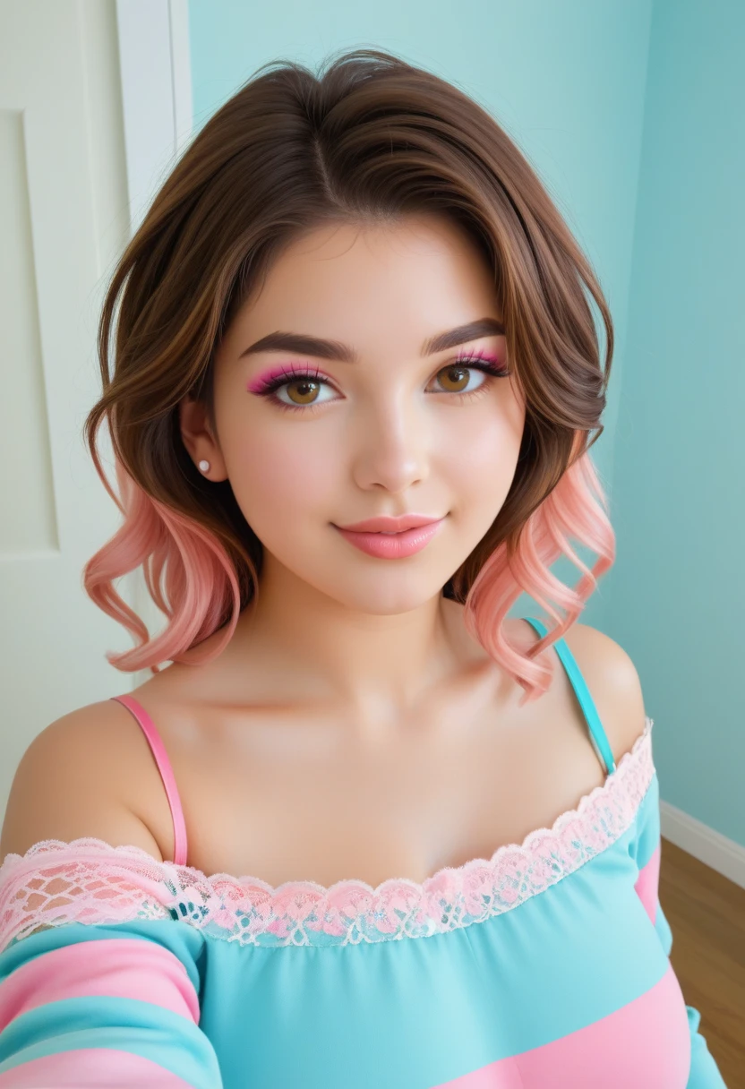 (best quality,4k,8k,highres,masterpiece:1.2),ultra-detailed,(realistic,photorealistic,photo-realistic:1.37),1 woman,pink hair,detailed illustration,blush,vibrant colors,kawaii,digital art, fixed hands, eye detail, christmas pho  background, big laugh, big smile