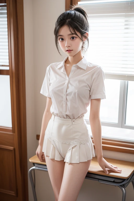 NSFW (new south wales),(In 8K、top quality、masterpiece:1.2)、(realistic、photorealistic:1.incredibly cute girl、18 years、sit on、(((white panties)))、(((open your legs)))、solo、classroom、View viewers、(Sit:1.5)、At school、I think it's going to explode、beautiful beautiful eyes, (dark blonde hair:1.2)、(Short hair:1.2)、, skirt , socks, black hair, blurry background, knee high, white shirt, lifelike, shiny lips , socks, tie, pleated skirt, masterpiece, top quality, very very detailed、(((open your legs)))、attractive eyes