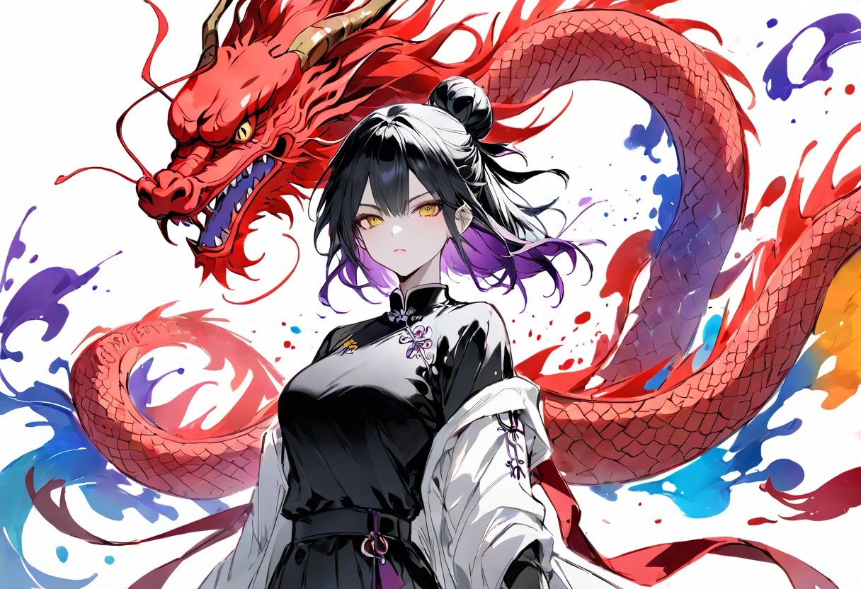 Highest quality, Ultra-high resolution, (Realistic: 1.4), Beautiful eyes, Super beautiful, Beautiful beauty, One person、Wizard, Japanese style White color、Controlling the Dragon、whole body、(Black Hair、Short Bob Hair),Beautiful soldier, Eyes that beckon, Droopy eyeistress's point of view, Attractive look, Fearless smile, (Perfect Anatomy, Anatomically correct, Highly detailed skin), Dancing, snow