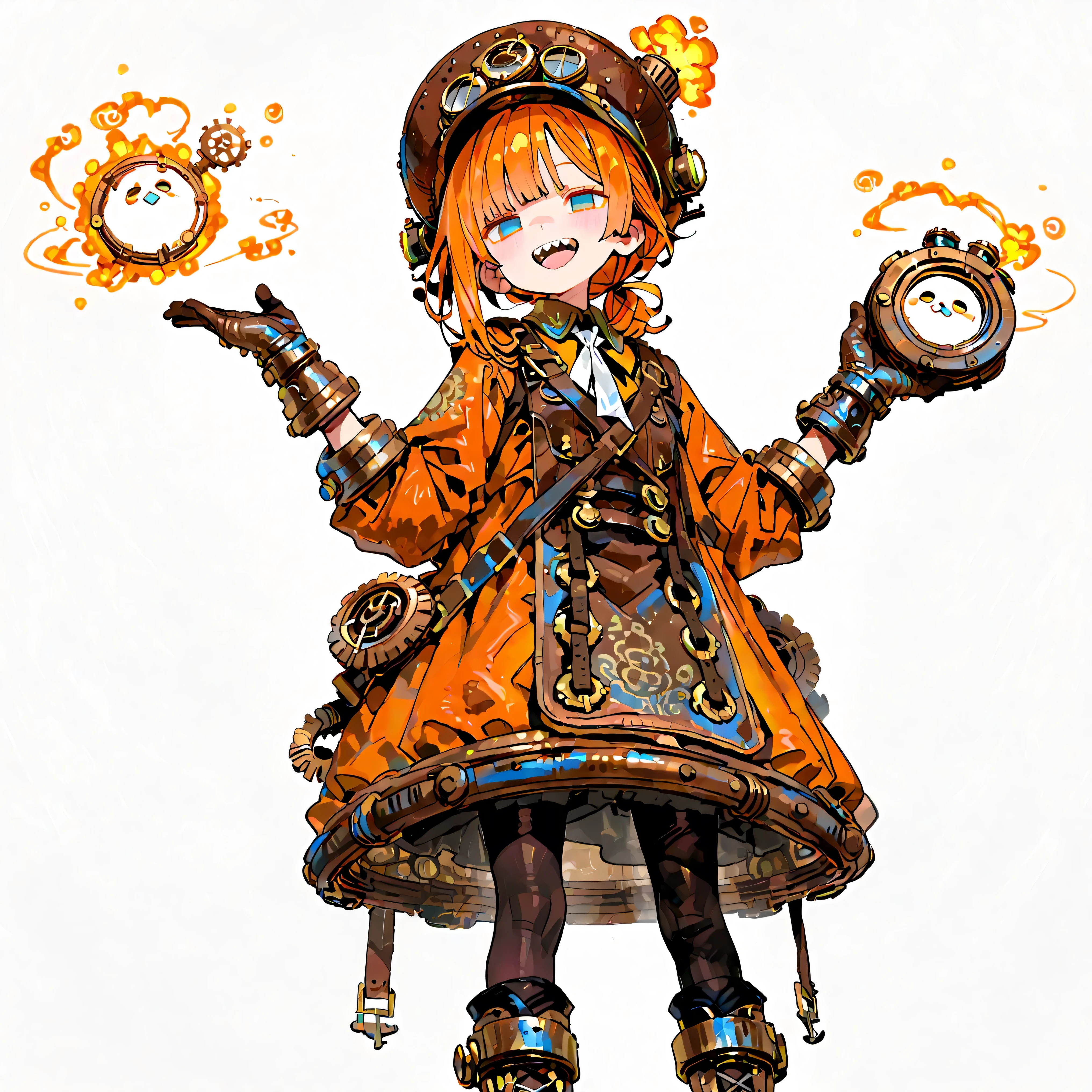 high resolution、High Quality、Shortcuts,    low ponytail  、 orange hair、 stupid hair、Black Pantyhose  、steampunk clothes、double teeth、solo、thick soled boots、 asymmetric hair 、  simple eyes  、white background、standing、{{{Extremely big steampunk gloves}｝｝、hat