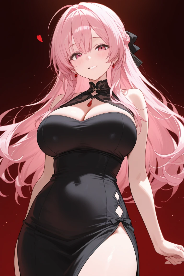 Extremely sexy girl with ahegao face with long pink hair and cat ears, wearing a black top with a sweetheart cutout in the middle. She wears a black pleated skirt with white stripes, black stockings and a black collar around the neck