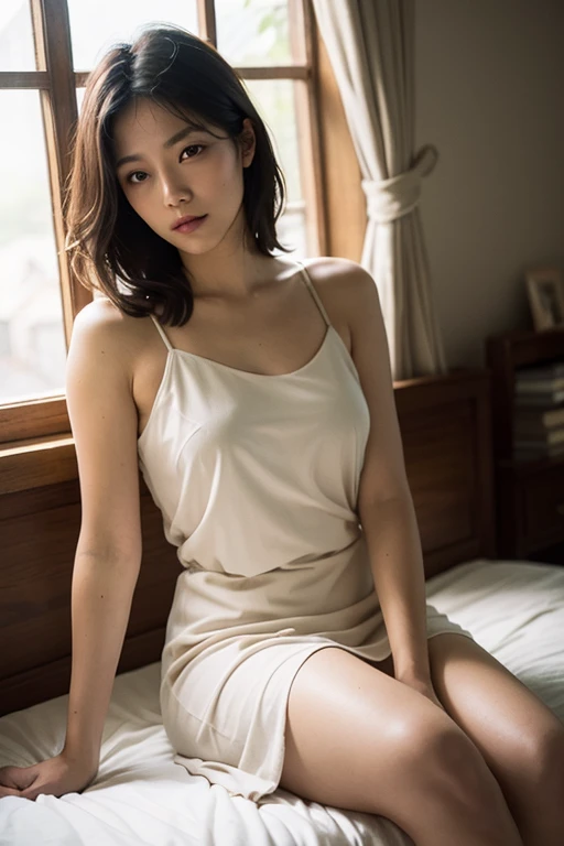 A selfie of a tall skinny supermodel chinese girl, short bobbed hair, sweaty tanned skin, big almond eyes, young tound face, wet, long skinny legs, strings, straps, harsh room light, bed room setting, nighttime, candid, full body.