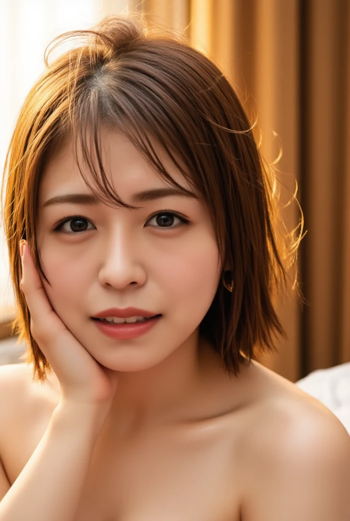 (8k、RAW Photos、Highest quality、masterpiece:1.2)、((Smiling with teeth showing、Caramel colored hair、Short Hair、Supine:1.3))、((night、moonlight:1.2))、((naked、Nipples、pubic hair、Large Breasts))、(Realistic、Realistic)、1 girl、(naked、Old Japanese-style room、On the bed、Sleeping、smile))、cute