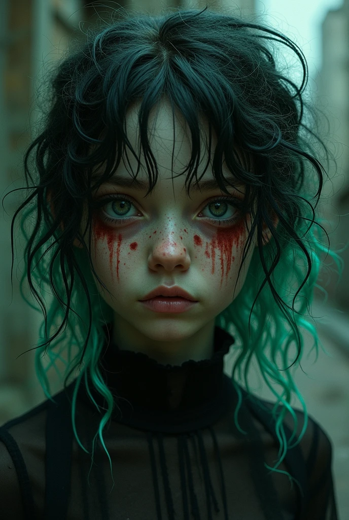 Dead woman with green hair like Billie Eilish with a scary face and wearing dark oversized clothing, She finds herself looking at herself from beyond, since he suffered an accident in his car, losing life, ultra realistic