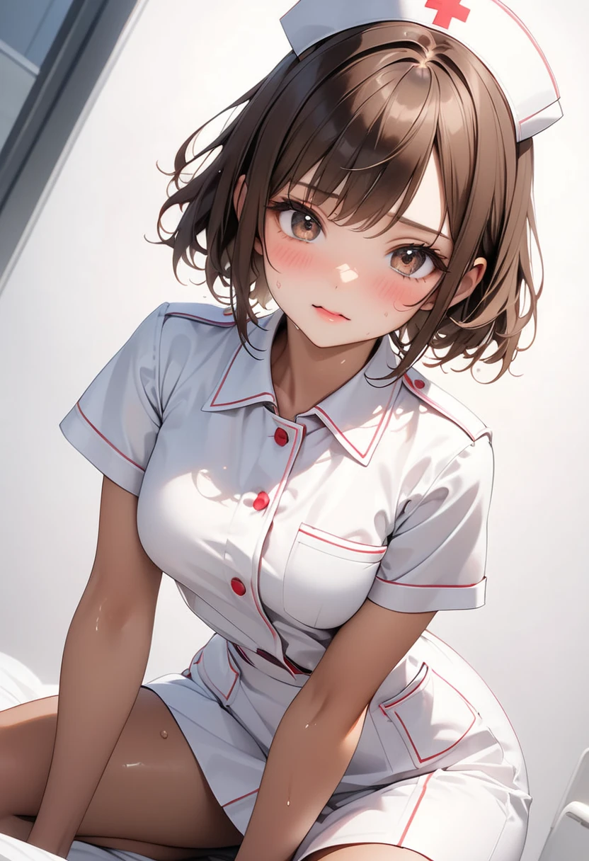 (((nurse uniform, skirt))), ((Shiny Costumes)), skindentation, skinny, solo, 1 woman, Masterpiece, highest quality, highest quality, 16K, incredibly absurd, highly detailed, 2.5D, ai-generated, delicate and dynamic, very delicate facial expressions, delicate eye depiction, erotic, only sexy woman, ((A cute and kind face)), healthy figure, ((25-year-old woman)), 160cm tall, medium firm swaying bust, , blush, Sweat,Embarrassed,sexy, ((thin thighs)), (camel toe:0.7), (visible nipples:0.3), (Erect nipples,:0.7), shiny and lustrous, facing straight at viewer, (((in heat))), ((Oily_skin)), ((Lots of sweat)), (((Brown Skin))), ((dutch angle)), ((erotic pose)), (((Collapsed from heat stroke))),