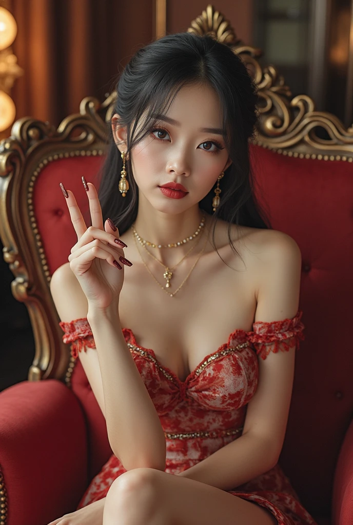 8k, Ultra-high resolution, highest quality, masterpiece, Surreal, photograph, 1 girl, (16 years old:1.3), pretty girl, Cute Face, Beautiful eyes in every detail, 細かくdetailedに,masterpiece,A woman in a red dress and gold jewelry is looking to the side,Sexy pose、See through 、Looking at the audience、beauty,Long neck、Laugh a little、Please close your mouth and laugh、(((Ideal body type))),A-cup small breasts :2,、Portraiture:2、Perfect Anatomy、鮮明なdetailed、detailed、Surreal、Light and shadow,Strong light,Fashion magazine cover,Thin lips