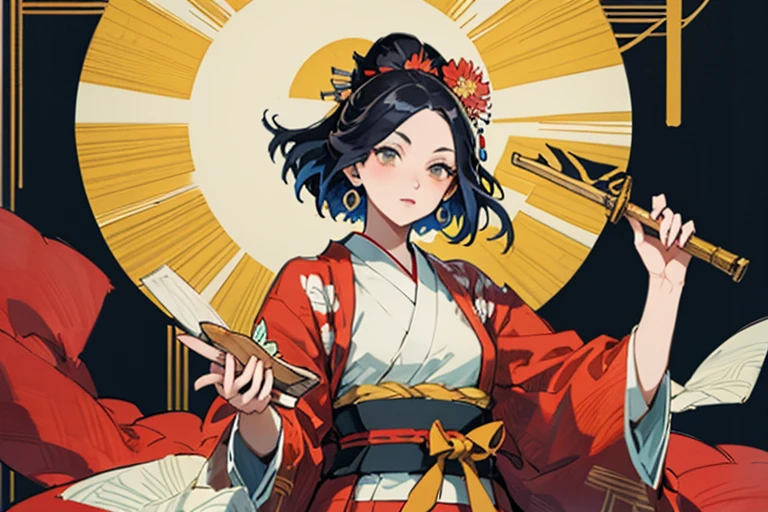 Woodblock prints and ink, A girl turned around, Clothing product samples , kawaii, smile, with colored contacts in her eyes, Accessories, full body,walking , in summer , Kinkakuji Temple in Kyoto