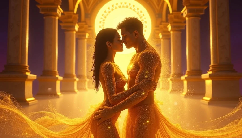 "Photorealistic depiction of a fullbody naked male with short hair and a fullbody naked female with long curly hair, the female has medium breasts, both sitting cross-legged on comfortable yoga mats. They are facing each other in a cozy room with soft lighting. The room is adorned with plants, and sunlight is streaming in through a window, creating a warm, inviting atmosphere. The man and woman are in a relaxed pose, with intricate details in their clothing and expressions. The woman has a glowing, golden energy line running from her throat chakra to her womb, symbolizing the connection of energy. The scene embodies tranquility and connection, with sharp shadows adding depth to the space. There hands are open on there knees"