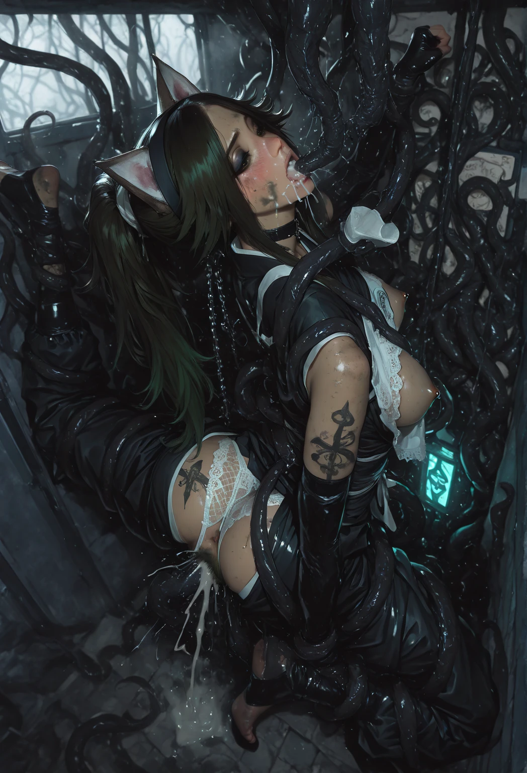 Brainwashed eyes、opened pupils、Ryona、nsfw、legs open、Wet crotch、wet thighechanical girl)、highest quality、masterpiece、超A high resolution、Defeated girl、Torn Cybersuit、(Photoreal:1.4)、Raw photo、1 girl、glowing skin、(((1 mechanical girl)))、(((Defeated girl)))、(beautiful forest background)、sheer cliff、((Ultra realistic details))、Portrait、global illumination、Shadow、octane rendering、8K、Raw skin exposed in cleavage、intricate decorative details、Japan details、very intricate details、realistic light、CG Society Trends、towards the camera、(Blood vessels connected to the ductechanical vertebrae attached to the back、cervical vertebrae mechanically attached to the neck、(Wires and cables connecting to the head)、wet thighs、Wet crotch、