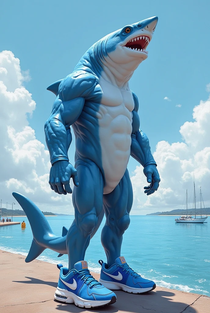 nj5furry, (blue shark, huge), shark, ((extremely realistic shadows, masterpiece, extremely detailed, photorealistic)), kemono, blue skin, blue eyes, wearing a tiny thong revealing huge muscular thighs, bulge in the crotch, Beach. Height 185 cm, the optimal height, tight clothing, body full of muscles; ripped abs, V-shaped body, thick waist, long legs, strong arms manly, handsome face, attractive cool calm face type with a cold smile, topless.