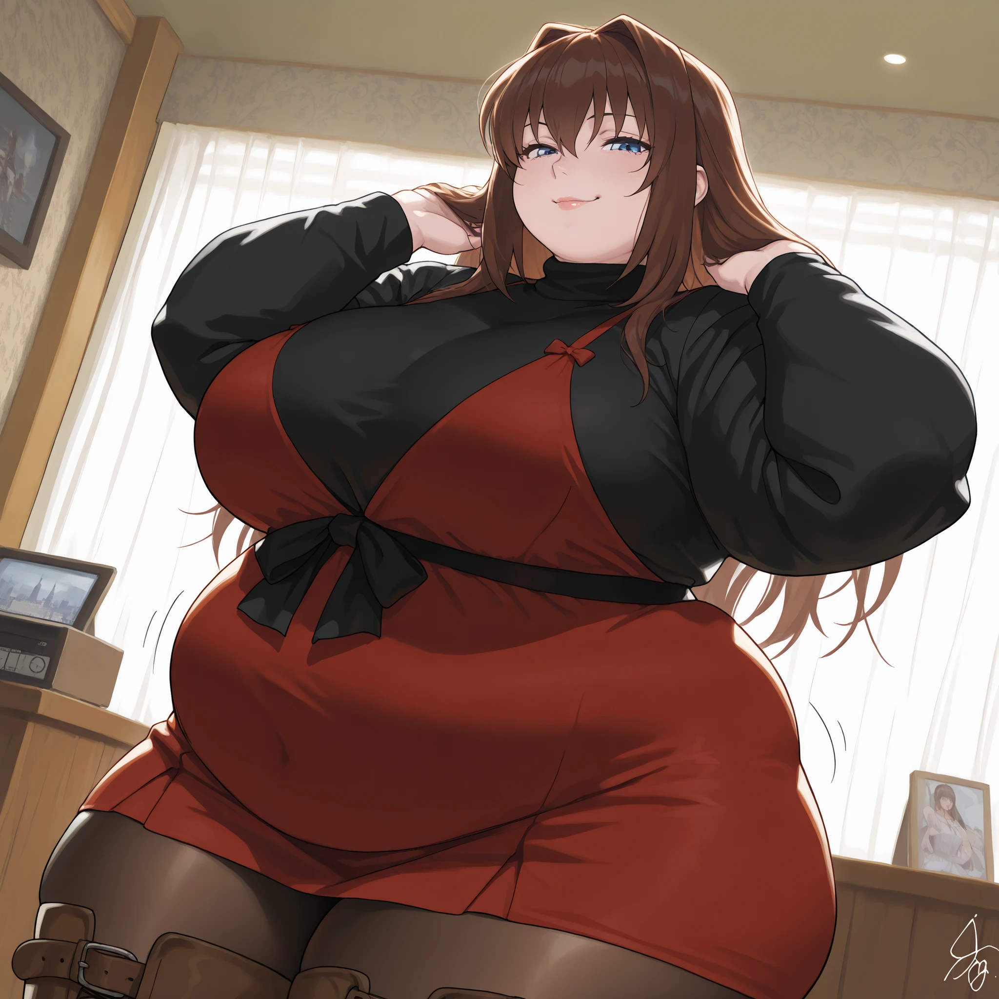 1 woman, beautiful mature woman, attractive detailed face, delicate facial features, detailed skin, huge breasts, looking seductive, ultra-detailed, (best quality,4k,8k,highres,masterpiece:1.2), cinematic lighting, octane render, 8k uhd, extremely detailed, intricate details, hyper realistic, high definition, sharp focus, ,compositionmuted colors, skin pores, score_9, score_8_up, score_7_up, (cowboy shot, dutch angle:1.2), room, Score_9, score_8_up, score_7_up, score_6_up, source_anime, rating:general, 1girl, front view, upper body, beautiful woman, mature, beautiful body, huge ass, heavy bottom, curvy, thick thighs, white skin, waiting for sex, standing, looking at viewer, excited, beautiful face, smug smile, closed mouth, one hand on hair, random sexy pose, slut, 1 girl, aoko aozaki, blue eyes, hair between eyes, long hair, hair intakes, belt boots, black sweater, brown hair, brown pantyhose, dress, long sleeves, pantyhose, red dress, short dress, sweater, arousal, 8k, best quality, high quality, wallpaper, (negative_v2 Color_Balance_Calibration:0.8), negativeXL_D, aidxlv05_neg, Stable_Yogis_Animetoon_Negatives, chubby, chubby girl, curvy, large breasts, lips, plump, thick thighs, thighs, (((oversized gigantic stomach)), curvy, large breasts, lips, plump, thick thighs, thigh, immobile