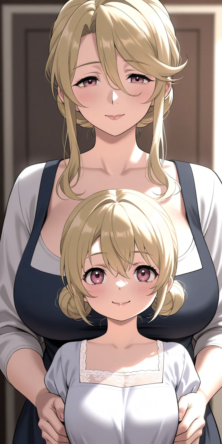 (score_9_up, score_8_up, score_7_up), (masterpiece, best quality, ultra detailed, intricate details, source anime, high resolution, smooth lines), kitagawa marin, 1girl, solo, long hair, breasts, looking at viewer, smile, open mouth, bangs, blonde hair, large breasts, red eyes, navel, cleavage, jewelry, medium breasts, multicolored hair, earrings, choker, necklace, black choker, piercing, small shota, shota, hug, woman and shota hug, suck nipple, shota suck nipple woman, bit nipple,