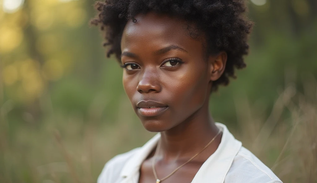 Brown woman with short, dark, curly hair, eyes with green and brown heterochromia, somewhat strong body wearing a white tank top and low-waisted denim shorts.