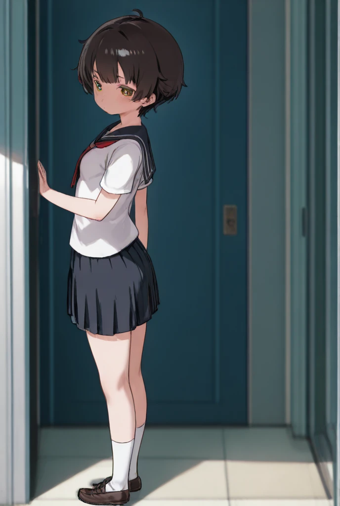 Tomo Takino, black hair, short hair, messy hair, seifuku uniform, red seifuku top, brown skirt, socks, brown shoes, breasts, looking back, back of view, firm butt, side pose, standing upright, hands placed onto her hips/waist, sexy backside, japanese