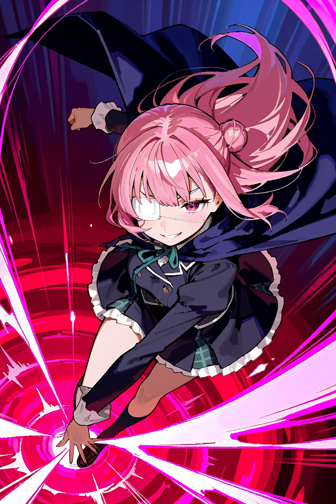 ((((Chibi Character))))、(whole body)、(Back view、front、From the side、From above)、(((Wearing a black hood)))、Best illustrations、Best Quality、(23 years old)、(The same face:1.1),Medieval Fantasy、Magic wand,(White Background)、(Pink Hair、Very Short Hair、Align your bangs)、(((Long sleeve、Black Robe、pants、Knee-high boots)))、Get Ready、Fighting stance、(smile、Embarrassed、blush、Embarrassing)