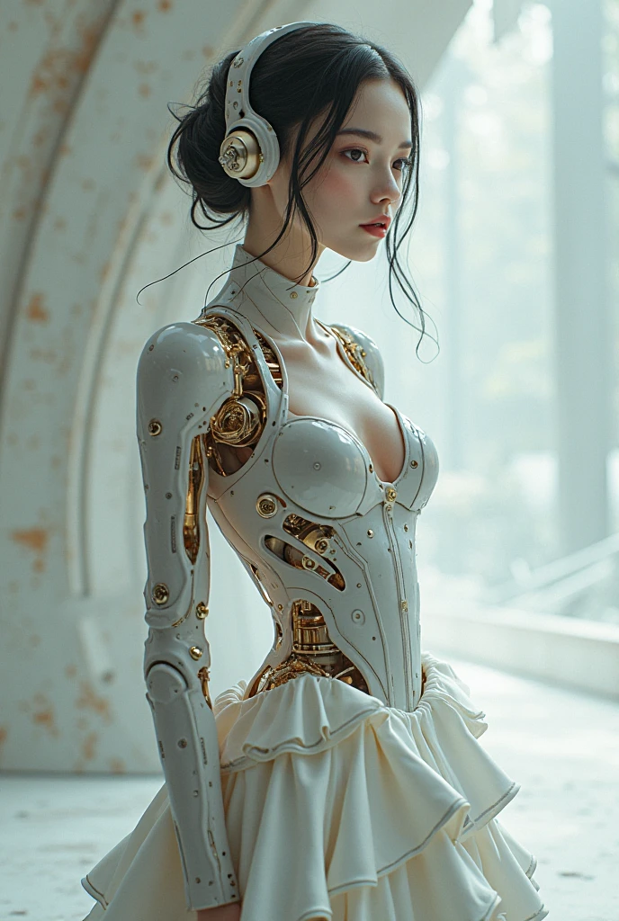 Very detailed, Advanced Details, high quality, 最high quality, High resolution, 1080P, HD, 4K, beautiful,(Machine),beautiful cyborg mixed maid female, Mecha Cyborg Girl,Mecha Body Girl,She is wearing a futuristic mech, victorian maid dress, from the front, From the skirt up,A cute room for , bed room, bed,