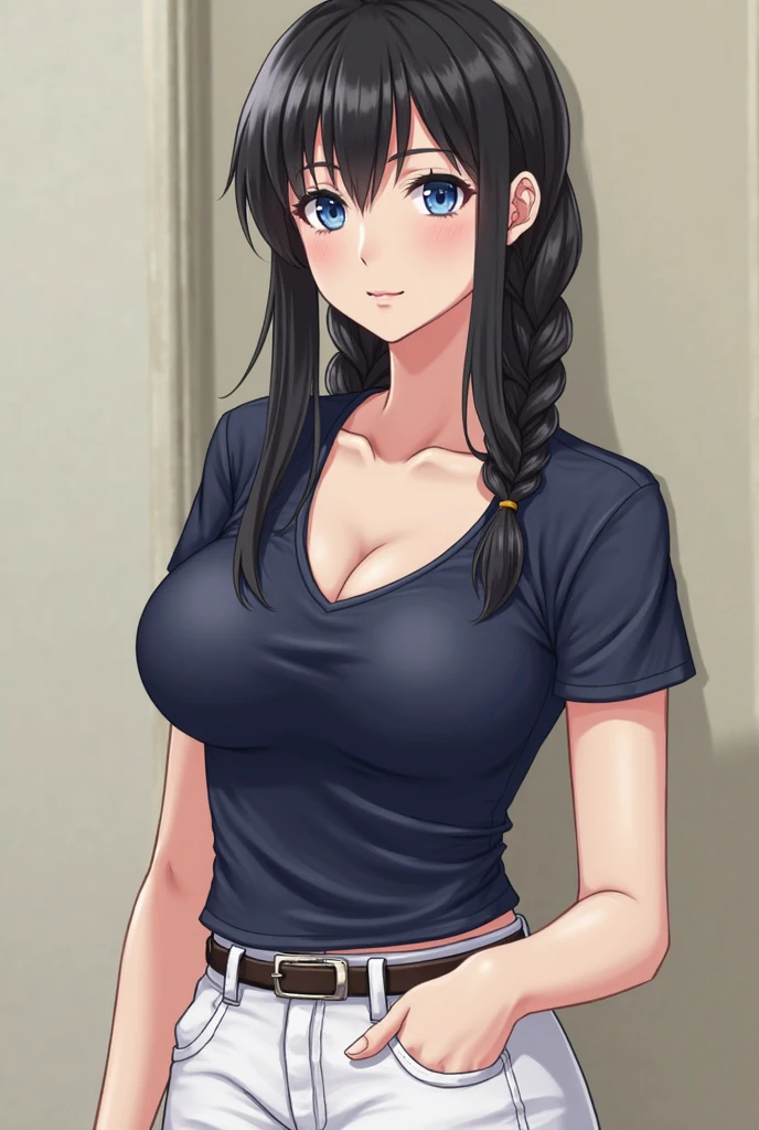 Top quality, masterpiece, super high resolution, (photo real: 1.4), one girl, ??????????????, cleavage, detailed beautiful face, big blue eyes, brown hair, detailed clothes, casual t-shirt, cute, young, smile, pose with emphasis on ???????, very long hair, viewer watch, professional lighting, physically based rendering.