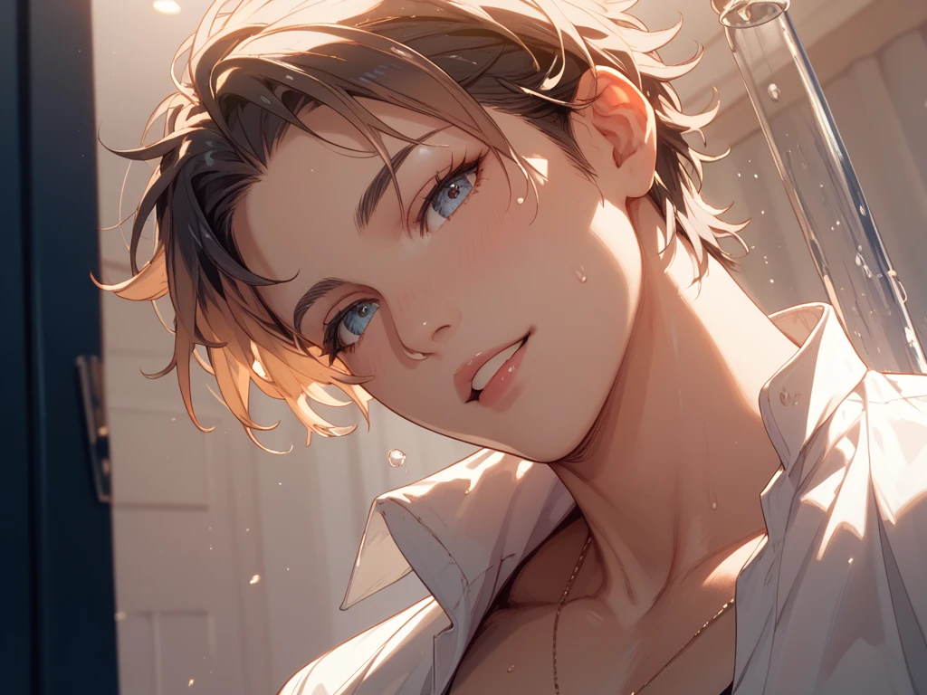 A young 18 year old man, pose simples, front-facing, wear an open shirt, arms down