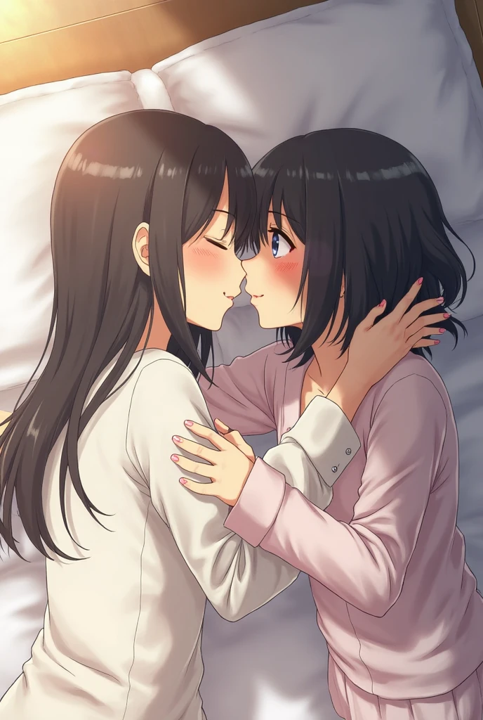 A mother with her little daughter kissing passionately in front of others..
