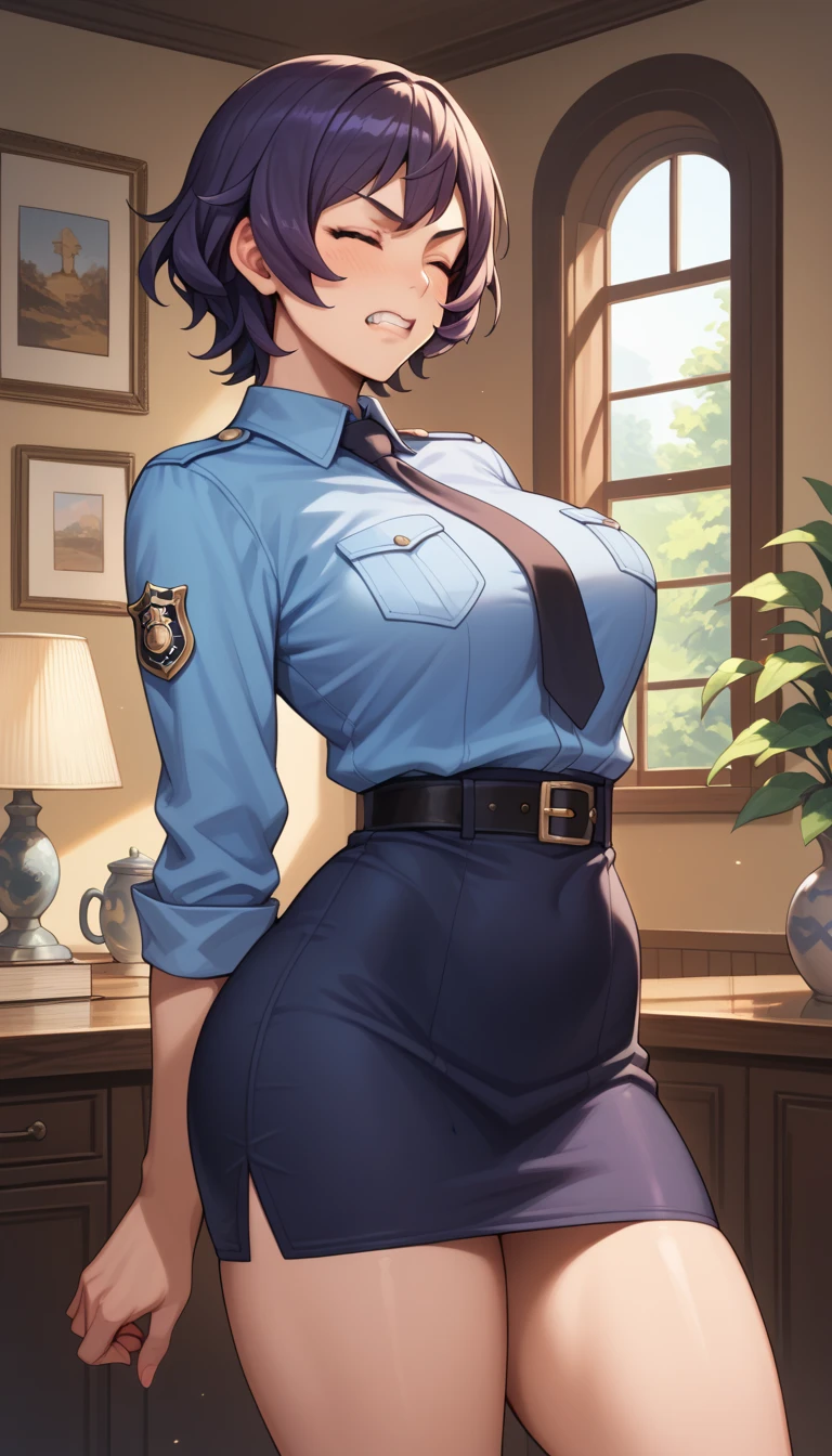 Anime Style,Girl,Are standing、slouch、policewoman,skirt,Black Hair、short hair,Large Breasts,Small waist,Big Ass,tall,Spread your legs,Purple underwear with intricate patterns、Sigh