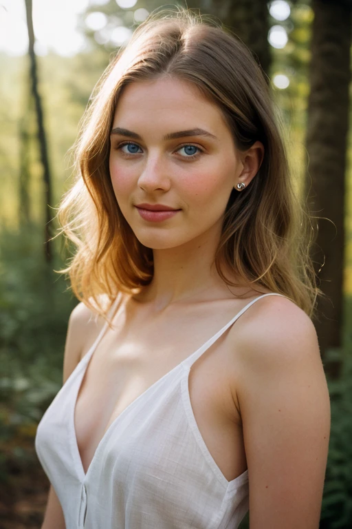 Portrait d'une rousse de 26 ans, Chest close-up, Cream-colored linen unclipped bustier, les mains dans les cheveux, Ultra-detailed skin texture, sexuality, seduction, regard amoureux, Slight smile, river, Roche, forest, soleil couchant, dynamic light, cinematic rendering, 32K, RAW, photographed with a Nilon D850, Objectif 50mm, f/11