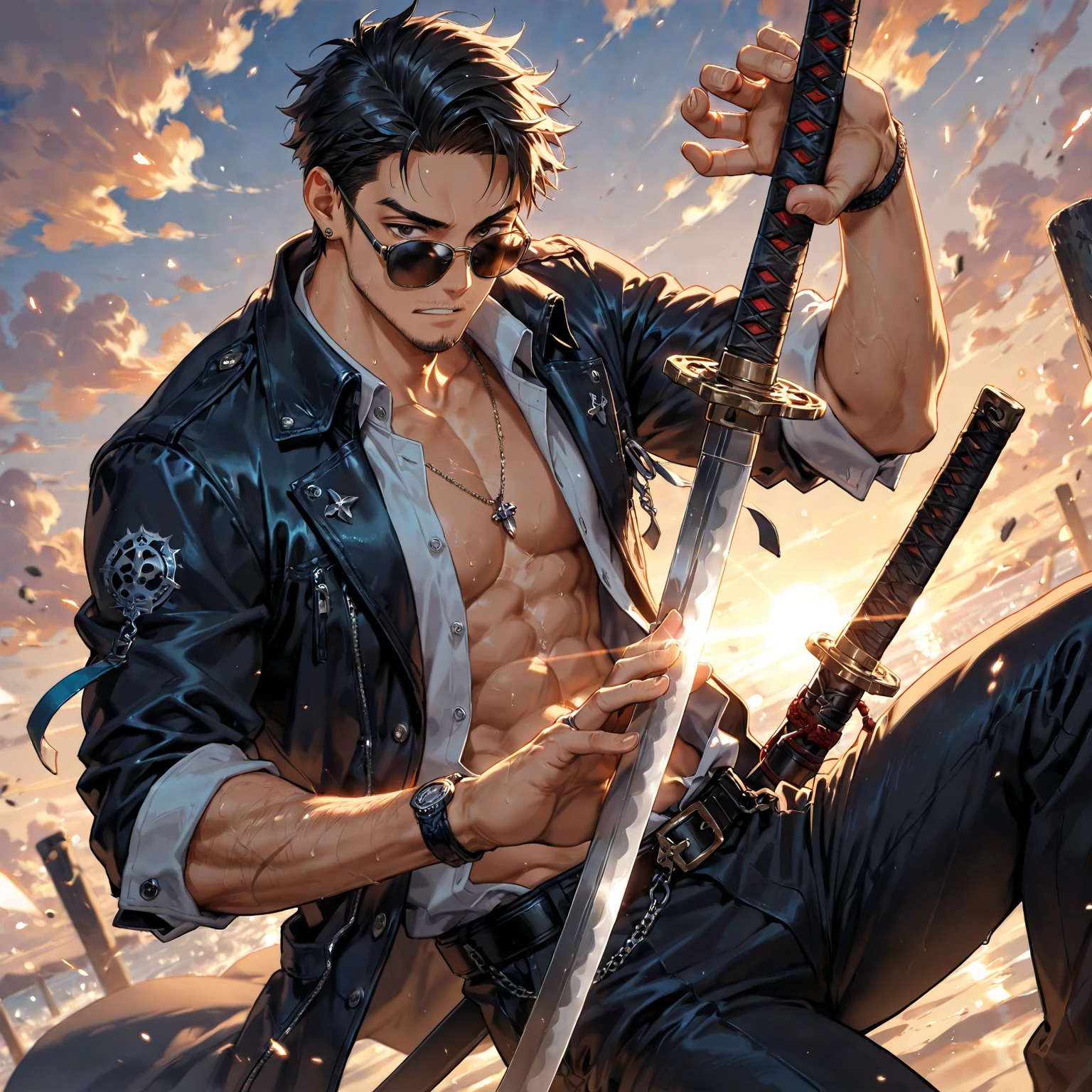 (absurdres, highres, ultra detailed, HDR), masterpiece, best quality, hayakawa aki, 1boy, solo, handsome, topknot, open shirt, pants, hold katana, ruined city, from side, look down, combat stance