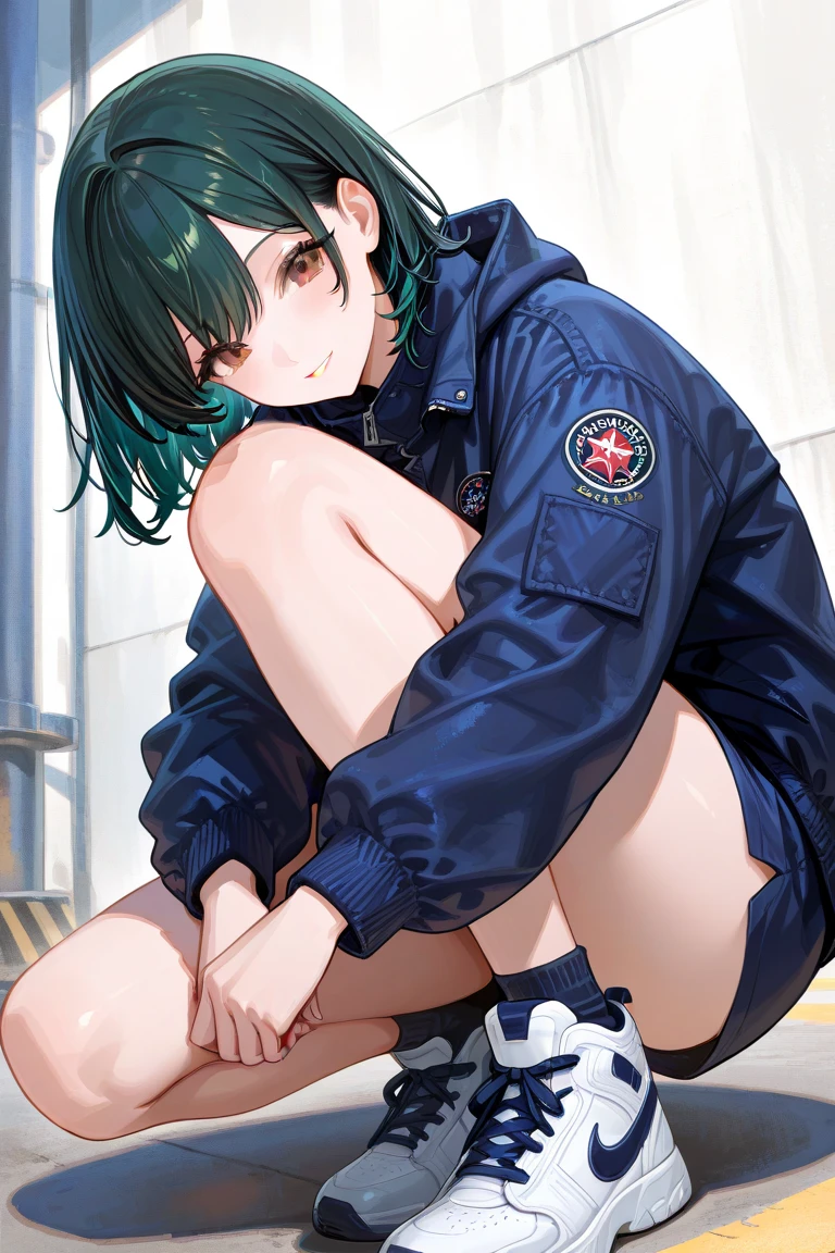 ((masterpiece, best quality)),((highres:1.2)), 1 Girl, solo, Blurred Background, (((Small breasts))), Thighs, (Stripe underwear), T-Shirts, nipple, short hair, ((Union Jack))
