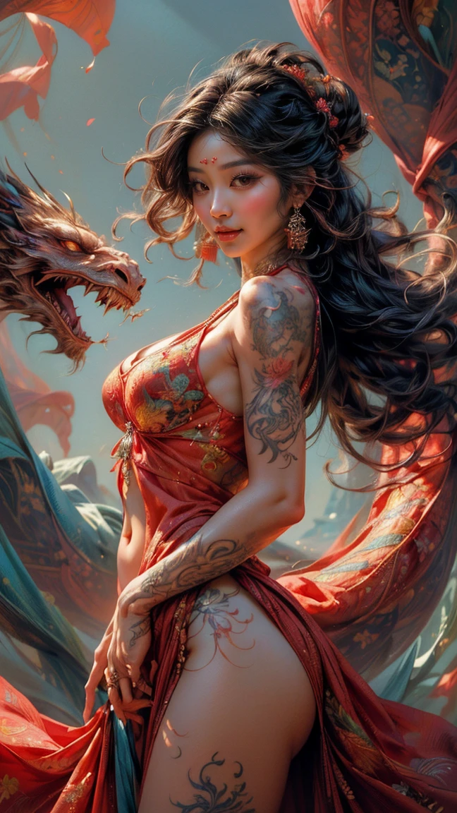 masterpiece, (best quality:1.4), realistic, extremely detailed CG unified 8k wallpaper, Heavily detailed, high-definition RAW color photos, professional picture, realistic portrait, Cinematic light, beautiful detailed, 1girl, (naked:1.5), beautiful big breasts, breasts details, exposed breasts, (cleavage of the breast:1.2), short ponytail, (Fine Face:1.2), long hair, Close-up of a girl in a wide open kimono, Bare shoulders, (kimono with wide open chest:1.4), open chest wide, Beautiful kimono with the image of a dragon, no bra, no panties, (cameltoe details), (with super huge dragon), (super huge and fierce dragon in the background:1.2), black dragon, details of the dragon, ((Innumerable sparkling jewels, Myriad shining jewels)), fantasy art, outdoors, very intricate details, Intricately intertwined, fluttering in the sky, overlooking the clouds, rising flames, a desperate situation of crisis, transcendence realism,