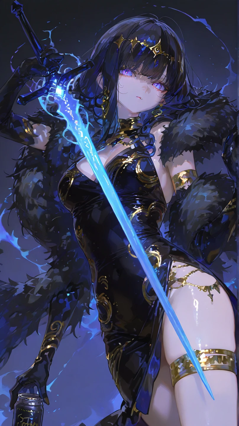 (best quality,ultra-detailed,realistic:1.37),dark fantasy,woman with striking blue eyes,flowing raven-black hair,full lips,aroused expression,perched gracefully upon an ornate obsidian throne,ominous stormy ocean stretches infinitely in the background,scantily clad in ethereal black garments,clinging to her curves,aura of power and dominance,proudly gripping a gleaming silver sword,concealing her deadliest intent,ambiance illuminated dramatically with ominous, dimly lit waves crashing against jagged rocks,setting her sensuous figure in stark relief,vivid colors contrasting between her porcelain skin and the tempestuous surroundings.