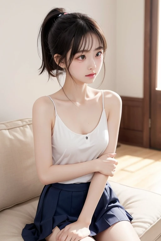 ((Best of the highest quality, 8k, Masterpiece: 1.3, raw photo)), Sharp focus: 1.2, (1 AESPA girl: 1.1), (Solo: 1.18), (realistic, photo-realistic:1.37), face focus, cute face, (Small breasts, flat chest, Thigh: 1.3), messy short hair, pony tail, (Girls' High School Uniforms:1, or naked), cafe, books, flower, cinematic lighting, (sitting and spread legs: 1.1)