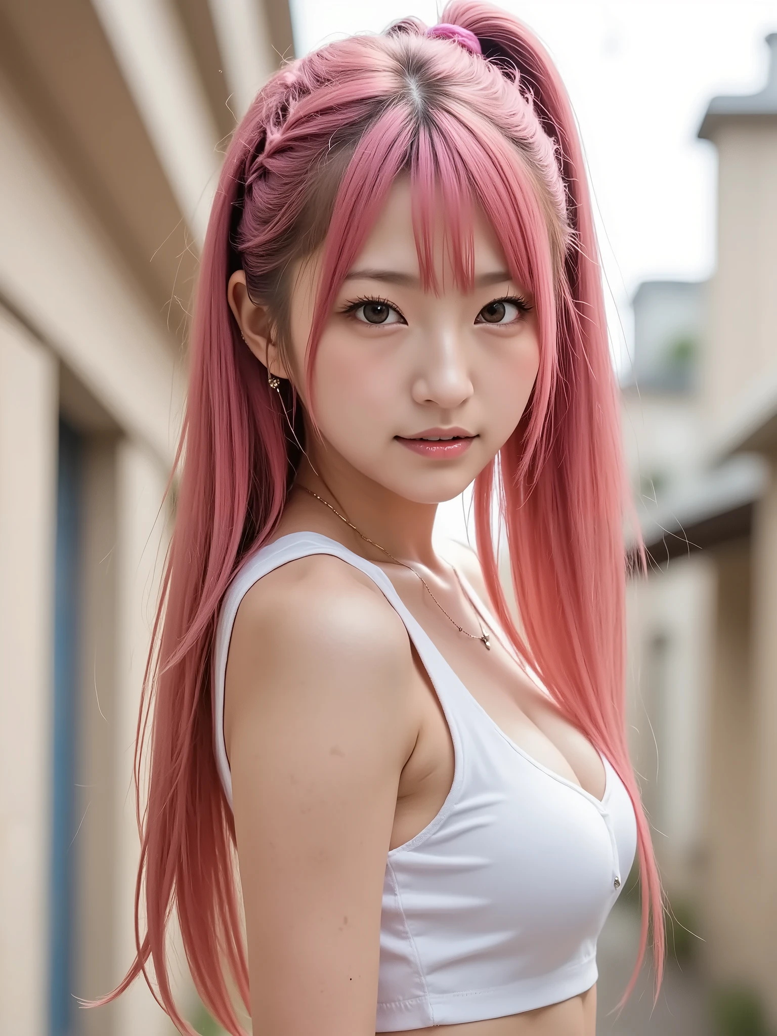(Imada Mio:1.3),Browsing Caution, One Girl, (beautiful girl, Delicate girl:1.3), (14 years old:1.3),
break, Very beautiful eyes, (Symmetrical eyes:1.3),
break, Small breasts, Brown eyes, Parted bangs, Pink Hair, (ponytail), (Upper teeth, The best smile:0.2),
break, (Eye and facial details:1.0),
break, (masterpiece, highest quality, Very detailed, Detailed face, 8k),Pink Hair,Fluffy hair,美しいPink Hair,Wide-angle,whole body,Exposing the breasts,Lace dress