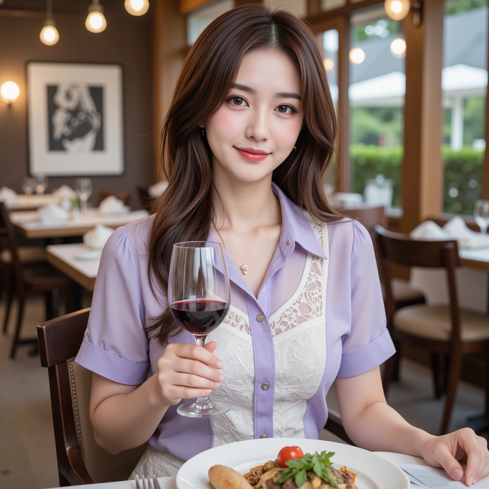 NSFW, (Highest quality), (Ultra-precise CG 16K wallpaper), (Realistic), (High saturation), (Sharp), Beautiful detailed shading, Beautiful natural lighting, Beautiful detailed glow, (Late afternoon sunlight), Natural light, Depth of field, (Mature 24-year-old woman, One person), (Beautiful Japanese face with golden ratio), (Soft wavy long hairstyle), (Shiny brown hair), (Sparkling eyes), (C cup size breasts), (Cleavage), (Beautiful breasts), (Beautiful legs), (Beautiful skin), Beautiful proportions, (Woman has sleepy eyes and smiles faintly, Intoxication state: 1.6), (Blush), (Woman is wearing a two-tone light purple and pearl white colored short-sleeved collared lace blouse), (Wearing a pearl necklace), (Sitting pose holding a wine glass containing red wine), (Restaurant), (Full screen image), (close-up shot of a woman's face), (three-quarter-length front view of a woman), (a woman is sitting in a chair in a restaurant, a sumptuous meal is on the table),
