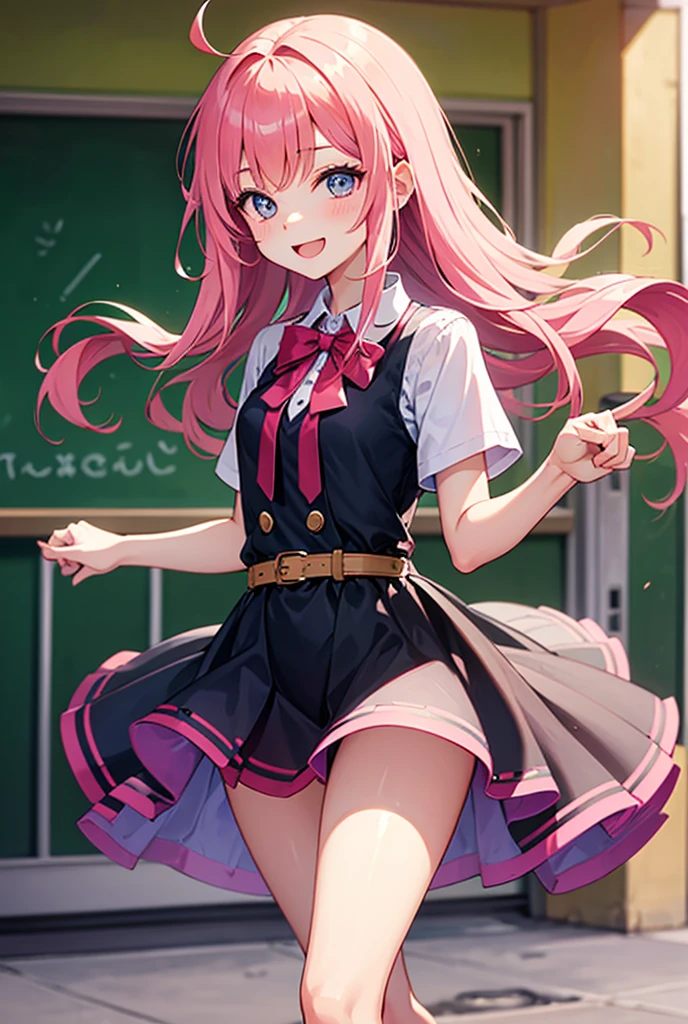 Highly detailed and realistic CG, Colorful, Masterpiece, Best Quality, jewel-like eyes, 1girl, solo, pink hair, long hair, black school uniform, miniskirt, li, chpetite,ppy smile, contrapposto, villain, black pantyhose, boots,