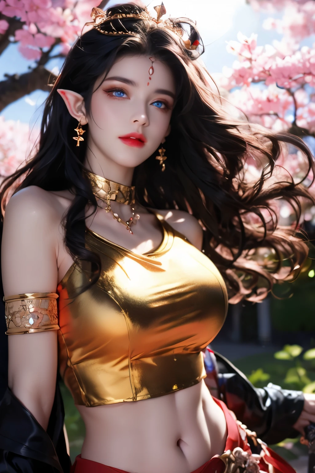 One 20 year old girl, breast 1.1, navel,upper body,bare shoulders,wears tube top,red skirt, blue gems,shiny skin,hand in own hair,(mature female),milf, medusa, deep blue eyes, jet black long hair, 8k resolution high quality,background: around the garden surrounded by Sakura trees with fluttering sakura petals, from head to thighs, hourglass figure, bare round shoulders, exposed midriff, a tilak on her forehead,ornamental logo on her forehead, snake crown, necklace, earings with blue gem, long black hair bangs, pointy ears,golden bracelet,Bright lightening under the sun through sakura canopy. High quality 16k resolution,( HDR :1.5), cinematic look, ultra-detailed,ultra lightening, (photorealistic :1.2), long thin straight eyelashes, dense black eyelashes,sharp eyes, diamond shaped head, straight nose, closed heart shaped lips