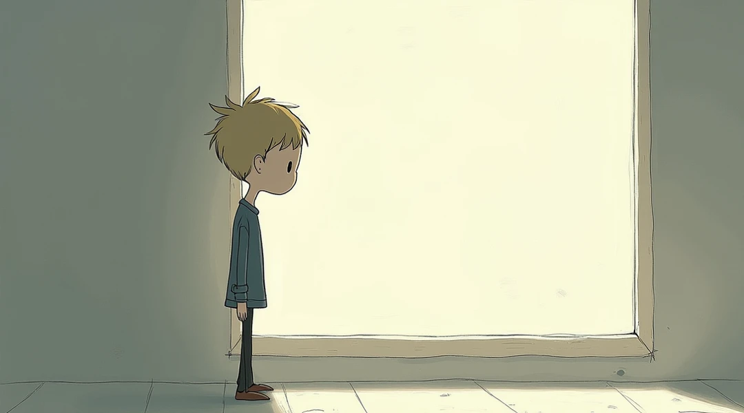 Henri, a little blond boy, is sitting on the bed. He looks at the mirror in the corner of the room, stares at his reflection.