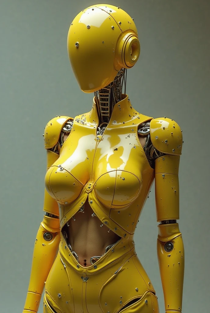 Make a robot with the body of a hot woman covered in honey, with big breasts and ass, with thick thighs, with the vagina exposed