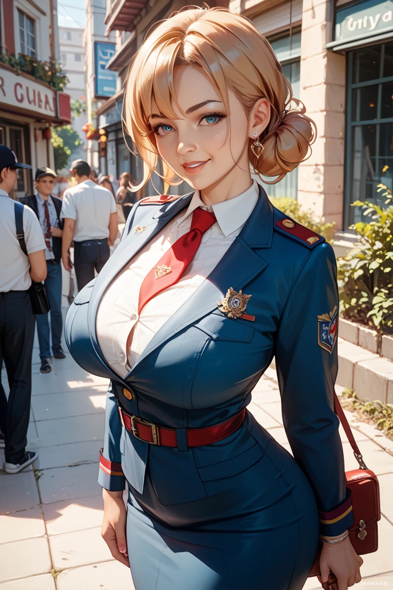 masterpiece, 1girl, Wide hips, naughty smile, Skindentation, blush, (jumpsuit, blazer, heels, standing, photoshoot, posing for camera, people in background, taking pictures, confident expression:1.2), cleavage, midriff, arms behind back <lora:MilaAzul_2.0:0.9>, peacock, <lora:peacock-noise:0.5>
