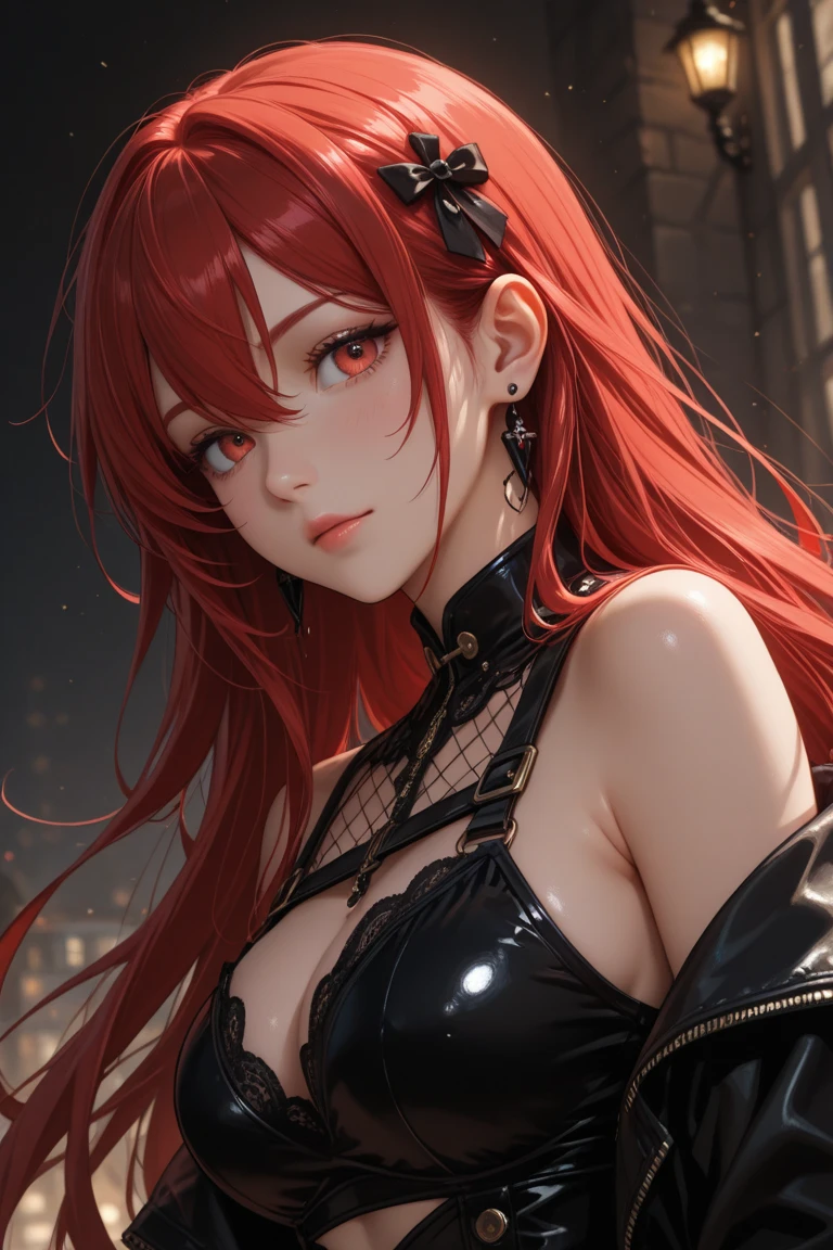 (nsfw), 4K, 8K resolution, masterpiece, Highest quality, Upper Body, One girl, Captivating gaze directing towards the viewer, Redhead with vibrant locks, Medium Hair subtly blending into her natural hue, Purple eyes shining with an otherworldly beauty, Devil horns subtly adorning her head, Black coat draped elegantly around her shoulders, Indoor setting with a dim warm light casting shadows, Aged 23 years old, Open bust with a tantalizing hint of cleavage, A look of both confidence and allure on her face.
