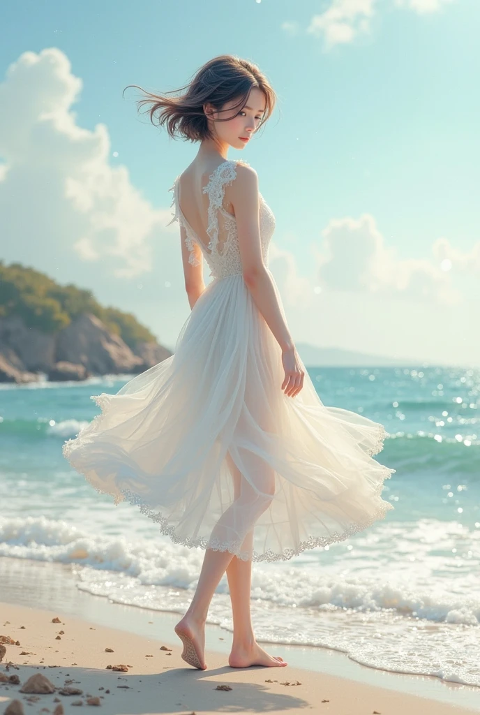Look at this beautiful thing, full of grace. It is she who comes and passes by In a sweet swing on the way to the sea.