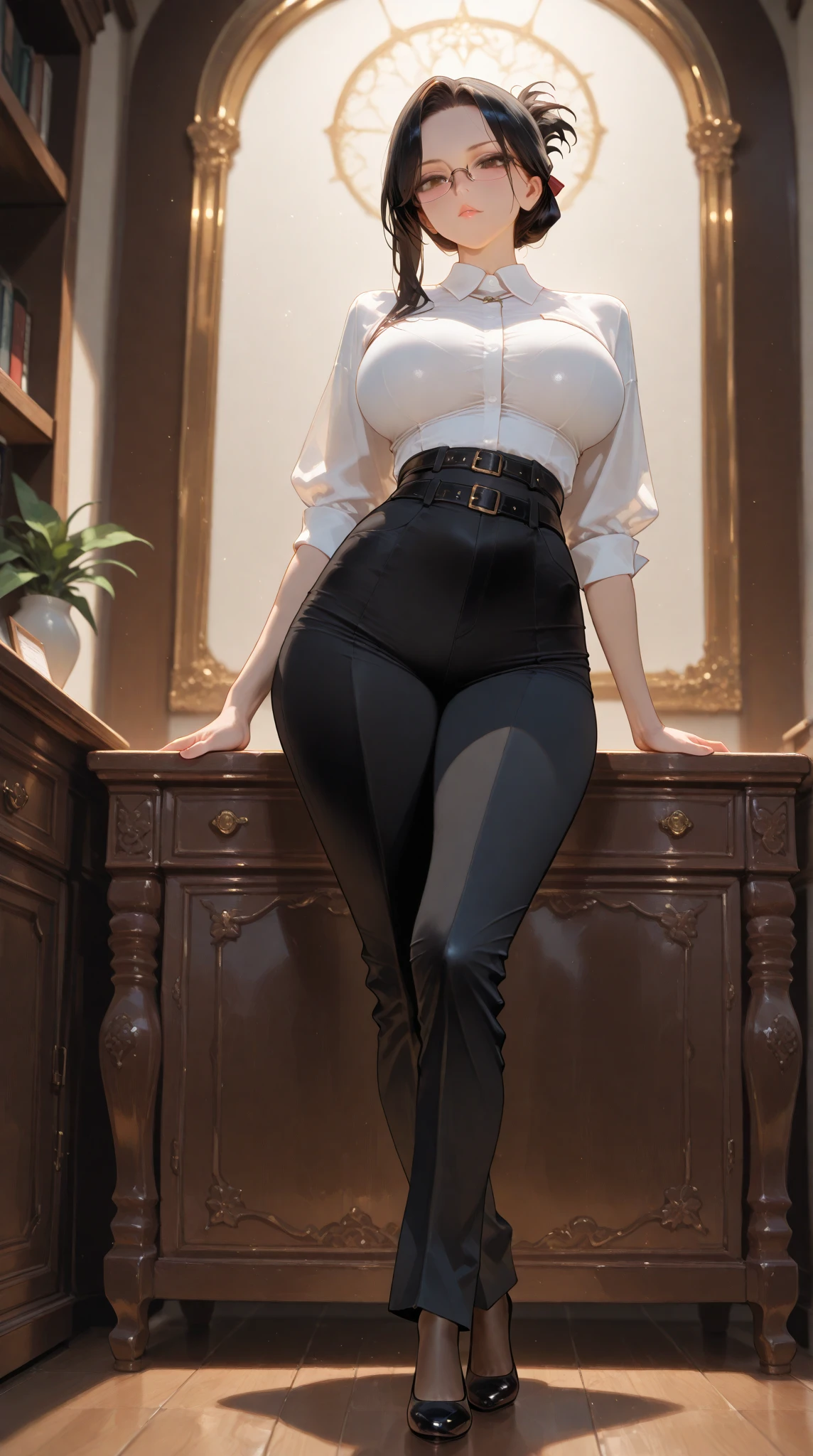 Stunning beautiful lady,Best quality, masterpiece, ultra high res, (photorealistic:1.4), raw photo, 1girl, flowing long satin pant, ((rounded hips, proportional ass)),long flowing pant, library, ponytail, long sleeve shirt tucked in, belt, glasses, fair dark skin,((satin pant))